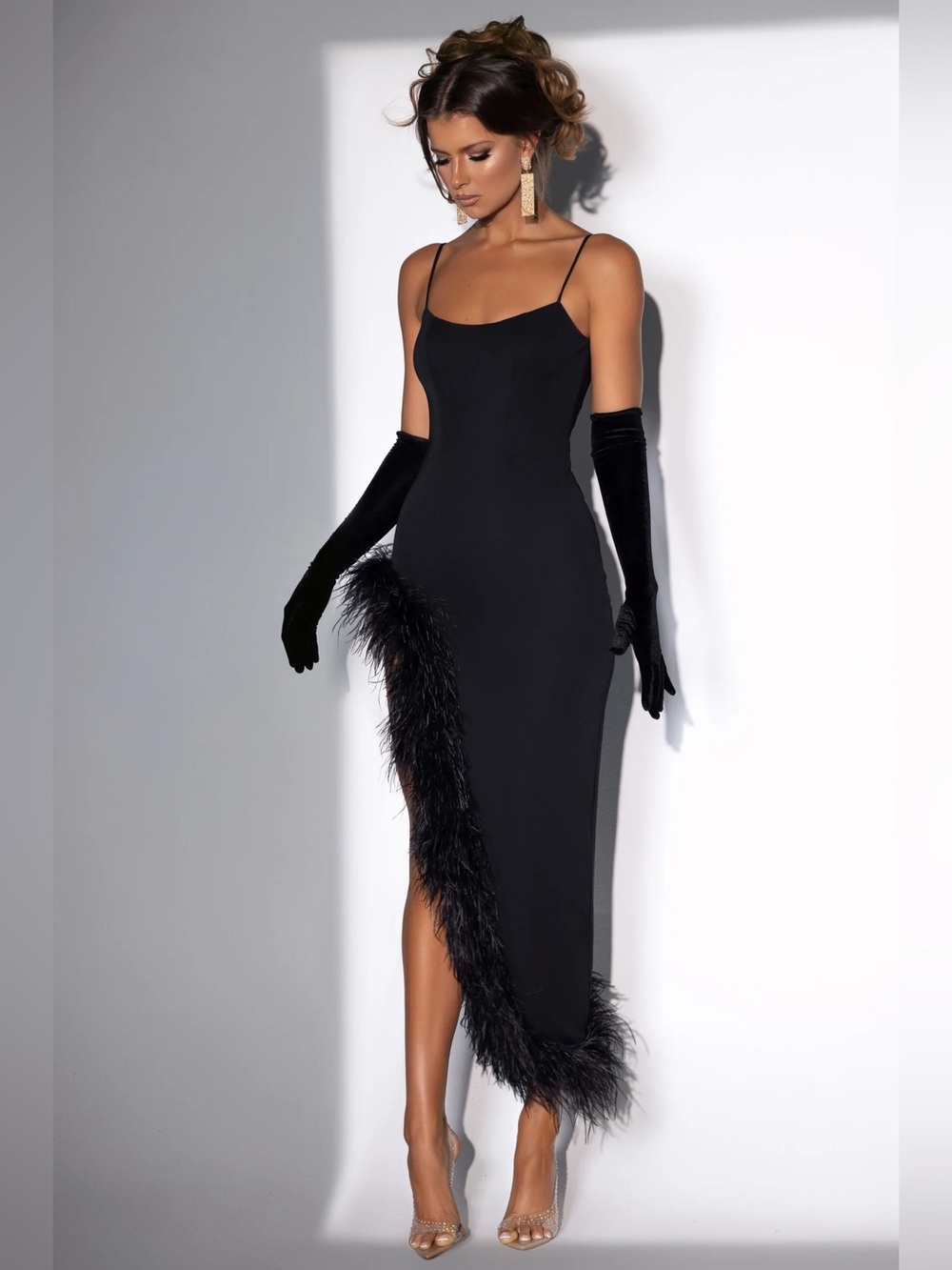 Abyss By Abby Black IDOL Asymmetrical Feather-Trim Slip Dress in XS sold out